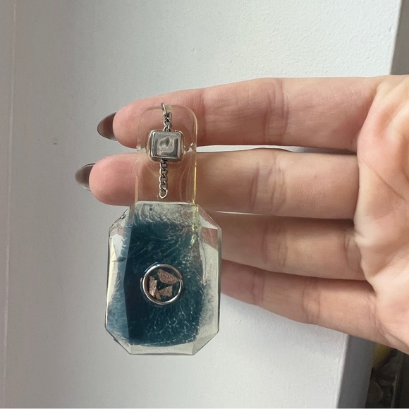 Blue transparent handmade earrings with chain dangle and hypoallergenic posts - Picture 3 of 3